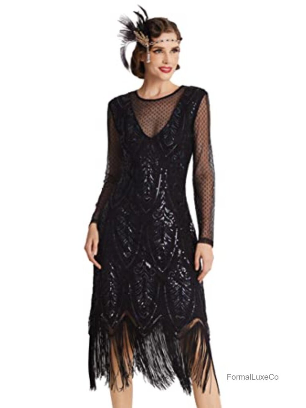1920s Flapper Dress Long Sleeve Sequin Beaded Gatsby Party Knee Length